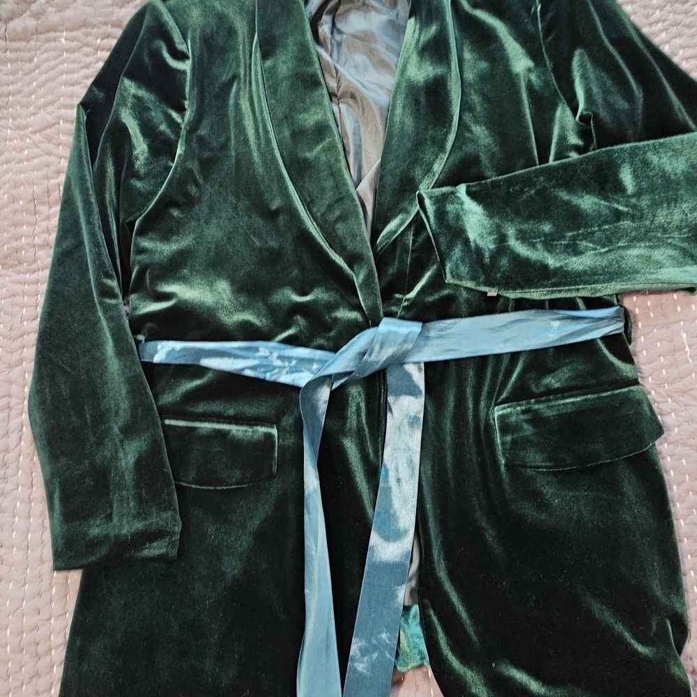 Emerald Green Velvet Blazer with Blue Belt